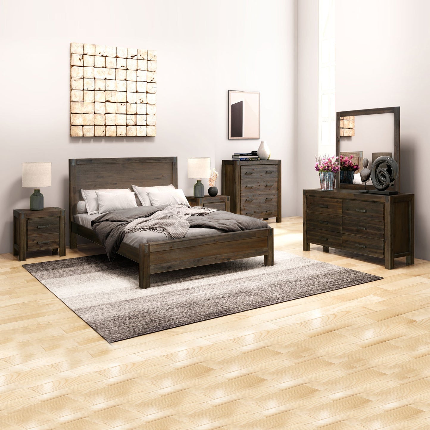 5 Pieces Bedroom Suite in Solid Wood Veneered Acacia Construction Timber Slat Queen Size Chocolate Colour Bed, Bedside Table , Tallboy & Dresser