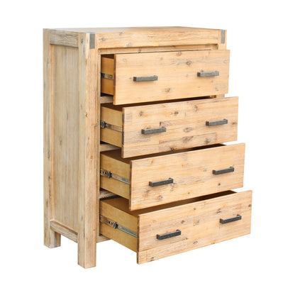 5 Pieces Bedroom Suite in Solid Wood Veneered Acacia Construction Timber Slat Single Size Oak Colour Bed, Bedside Table , Tallboy & Dresser