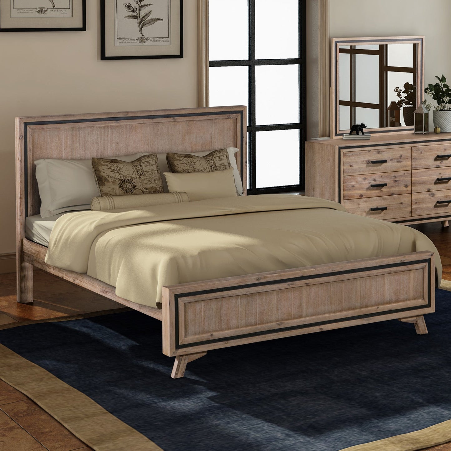 4 Pieces Bedroom Suite Queen Size Silver Brush in Acacia Wood Construction Bed, Bedside Table & Tallboy