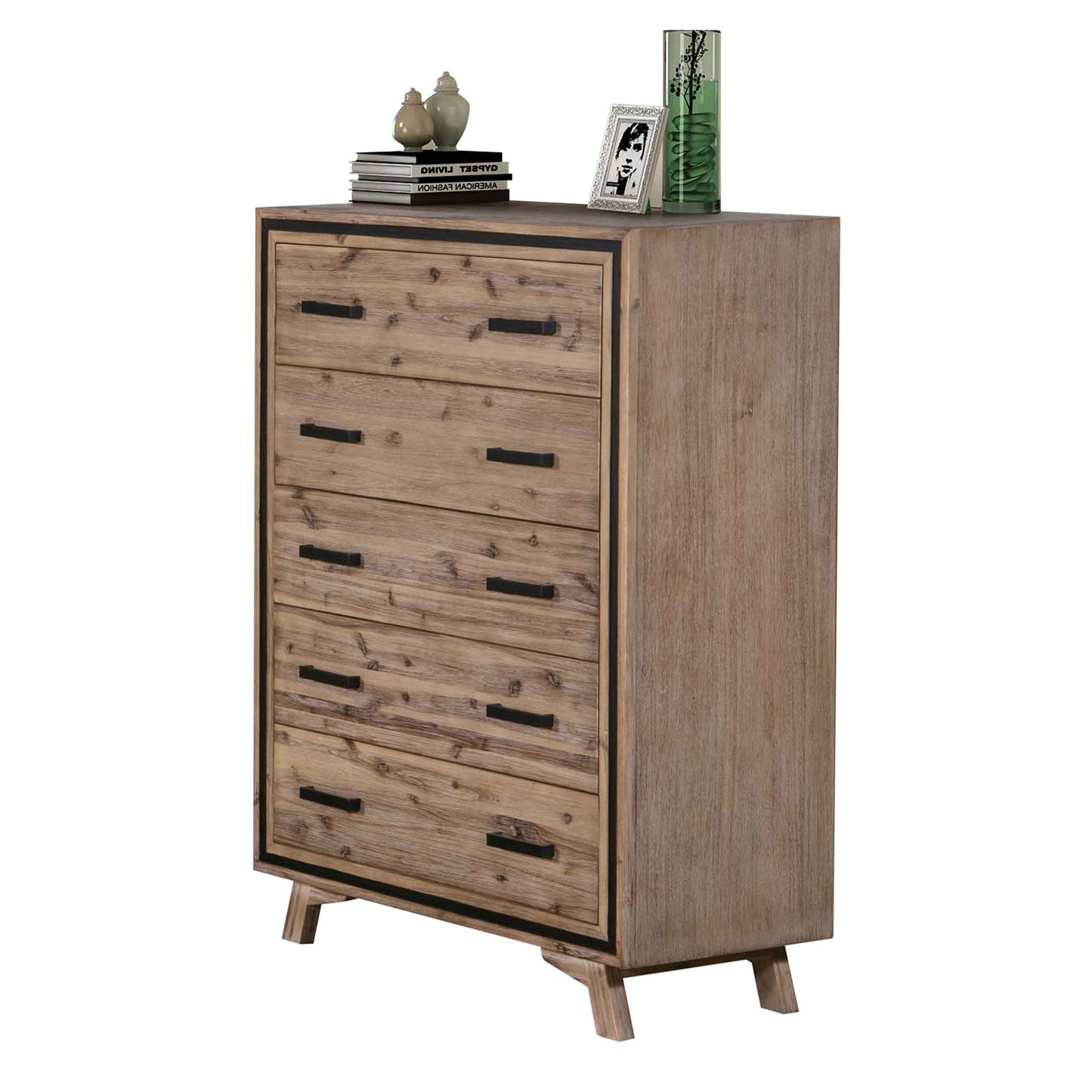 5 Pieces Bedroom Suite Queen Size Silver Brush in Acacia Wood Construction Bed, Bedside Table, Tallboy & Dresser