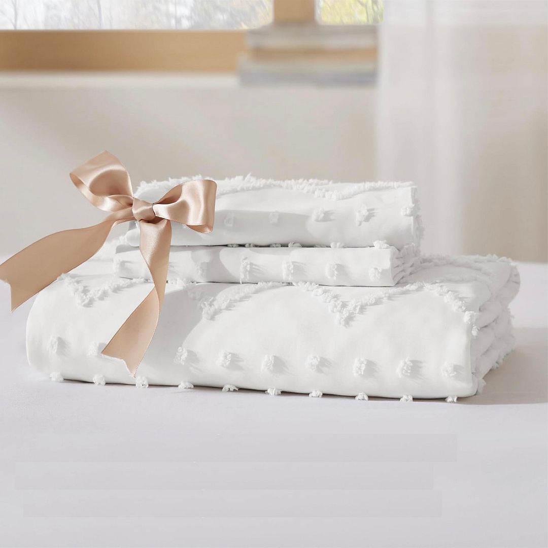 Tufted Boho Embroidery Quilt/Doona/Duvet Cover Set - White - Super King Size