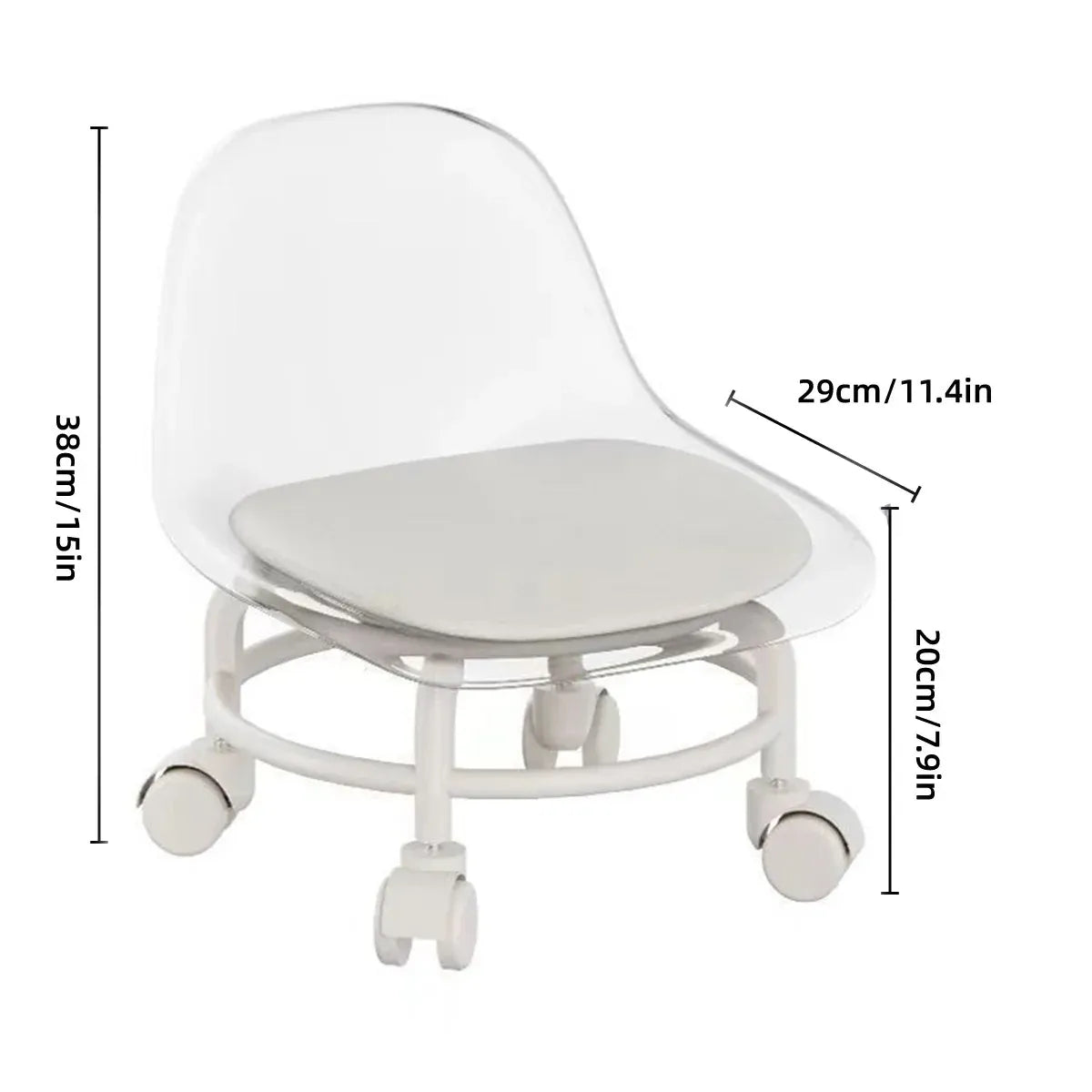 Stool with Universal Wheels Pulley Short Stool with Backrest Comfortable Seat - White