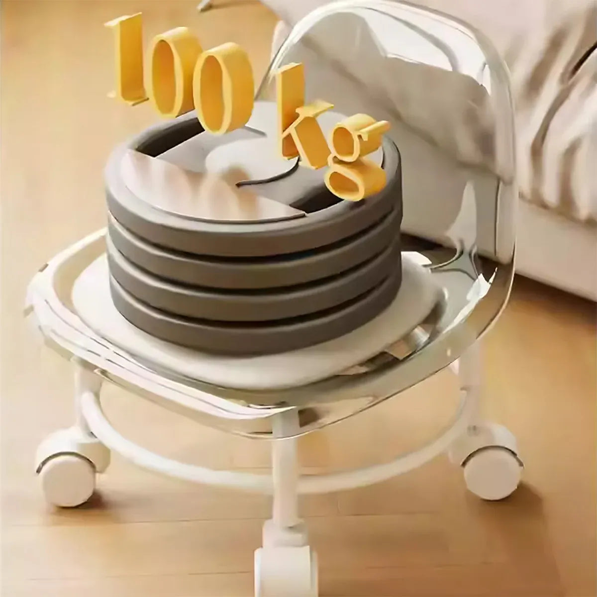 Stool with Universal Wheels Pulley Short Stool with Backrest Comfortable Seat - White