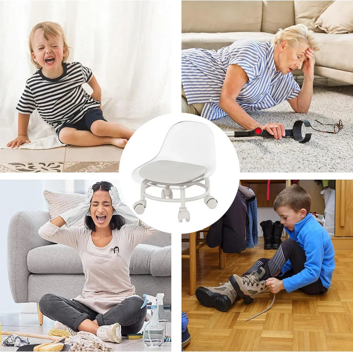 Stool with Universal Wheels Pulley Short Stool with Backrest Comfortable Seat - White