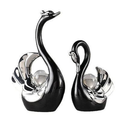 Swan Ceramic Tabletop Ornament Set Home Decor Figurine Gift Room Decoration Art - Black