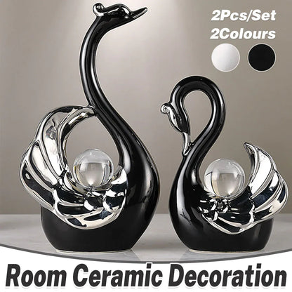Swan Ceramic Tabletop Ornament Set Home Decor Figurine Gift Room Decoration Art - Black