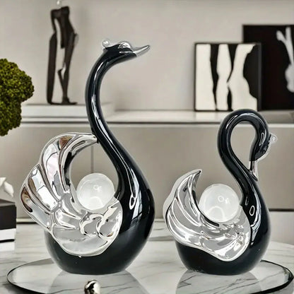 Swan Ceramic Tabletop Ornament Set Home Decor Figurine Gift Room Decoration Art - Black