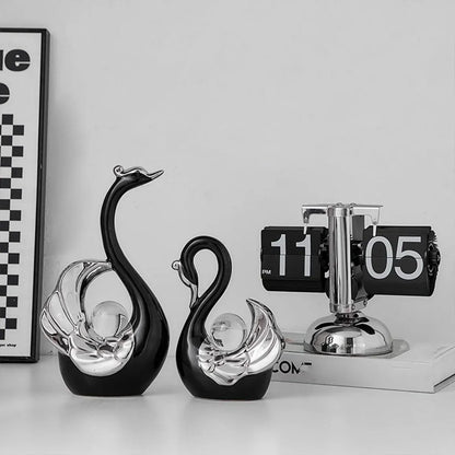 Swan Ceramic Tabletop Ornament Set Home Decor Figurine Gift Room Decoration Art - Black
