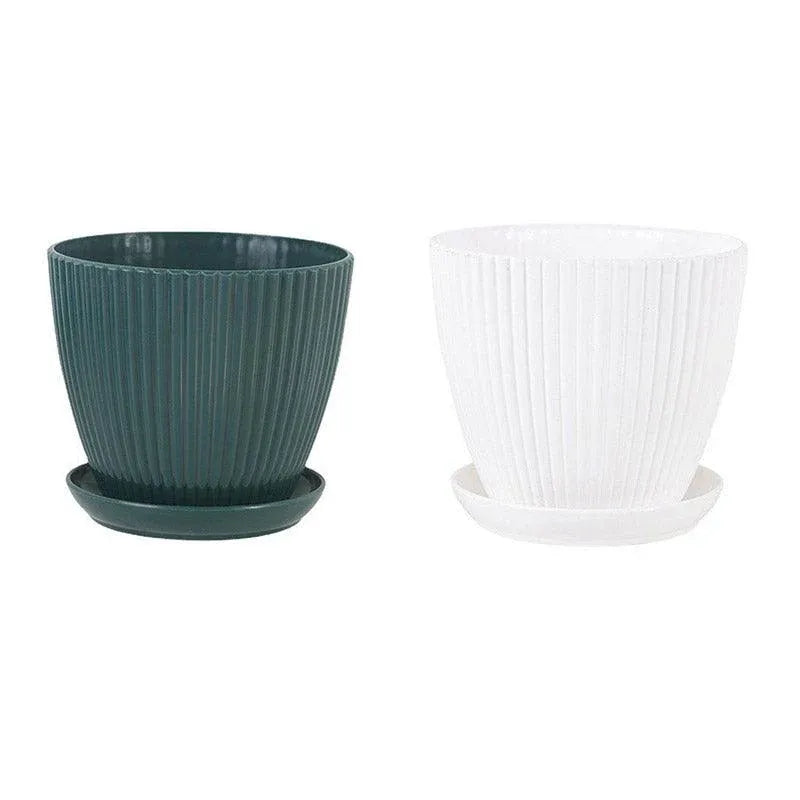 6PCS Simple Plastic Round Plant Pots Vertical Stripes Flower Pot Green Gardening - Green