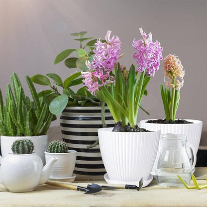 6PCS Simple Plastic Round Plant Pots Vertical Stripes Flower Pot Green Gardening - Green