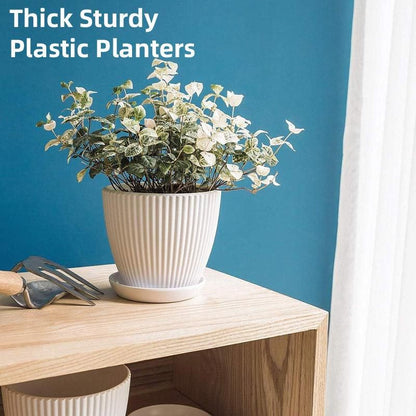 6PCS Simple Plastic Round Plant Pots Vertical Stripes Flower Pot Green Gardening - Green