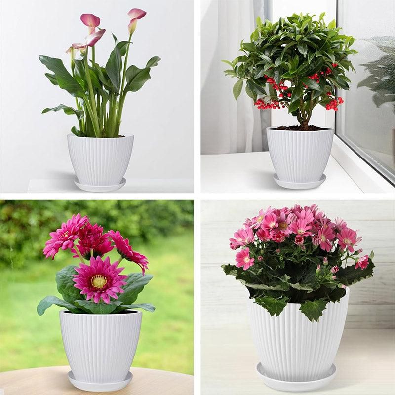 6PCS Simple Plastic Round Plant Pots Vertical Stripes Flower Pot Green Gardening - Green