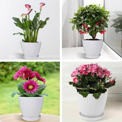 6PCS Simple Plastic Round Plant Pots Vertical Stripes Flower Pot Green Gardening - Green