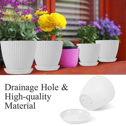 6PCS Simple Plastic Round Plant Pots Vertical Stripes Flower Pot Green Gardening - Green
