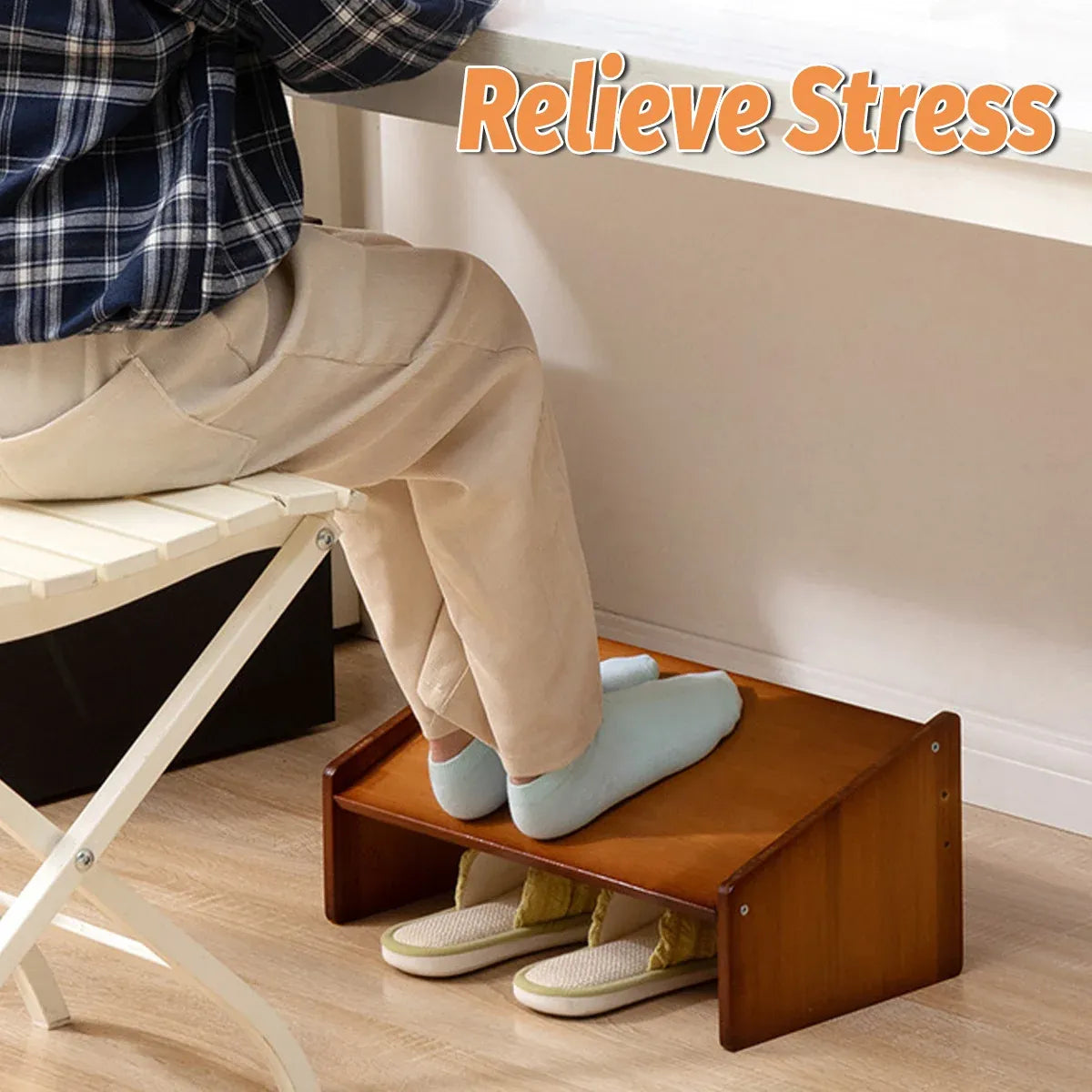 Home Office Bamboo Under Desk Footrest Adjustable Height Wooden Foot Rest Stool