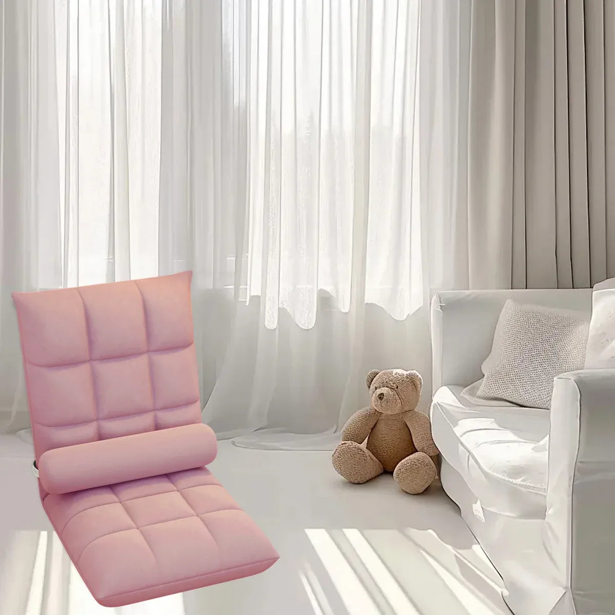 Floor Lounge Sofa Bed Chair with Lumbar Pillow Folding Adjustable Cushion - Pink