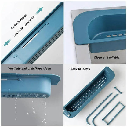 Telescopic Sink Rack Holder Expandable Storage Drain Basket Home Kitchen Kit - Grey