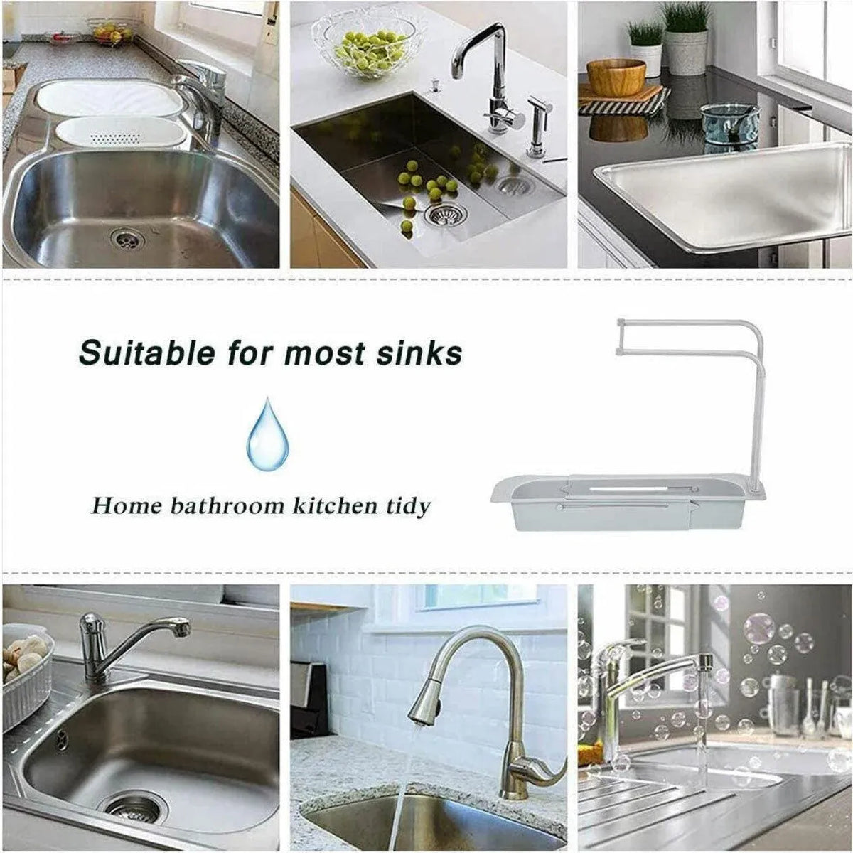 Telescopic Sink Rack Holder Expandable Storage Drain Basket Home Kitchen Kit - Grey