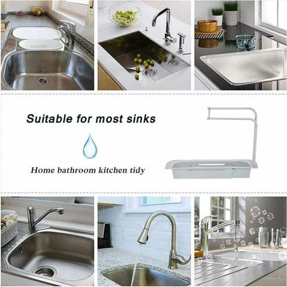 Telescopic Sink Rack Holder Expandable Storage Drain Basket Home Kitchen Kit - Grey