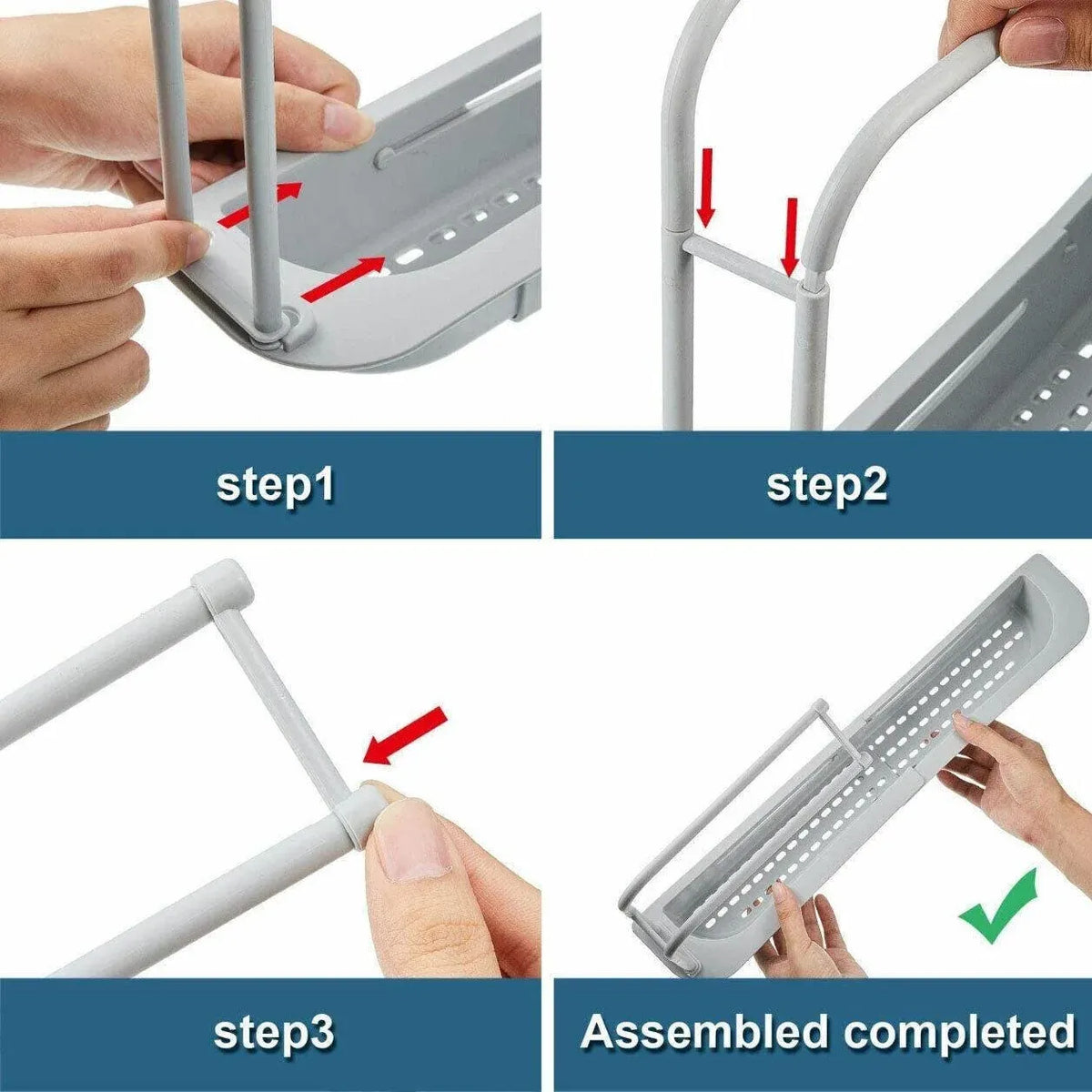 Telescopic Sink Rack Holder Expandable Storage Drain Basket Home Kitchen Kit - Grey