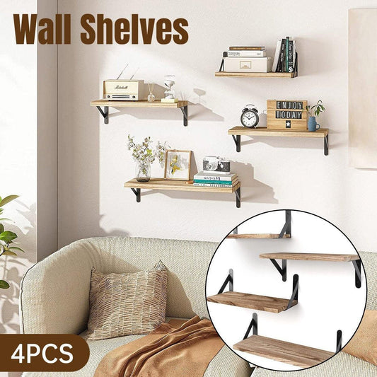 4 Wall-Mounted Wood Shelves with Black Metal Brackets