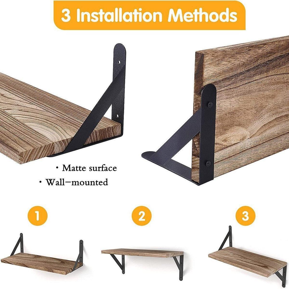 4 Wall-Mounted Wood Shelves with Black Metal Brackets
