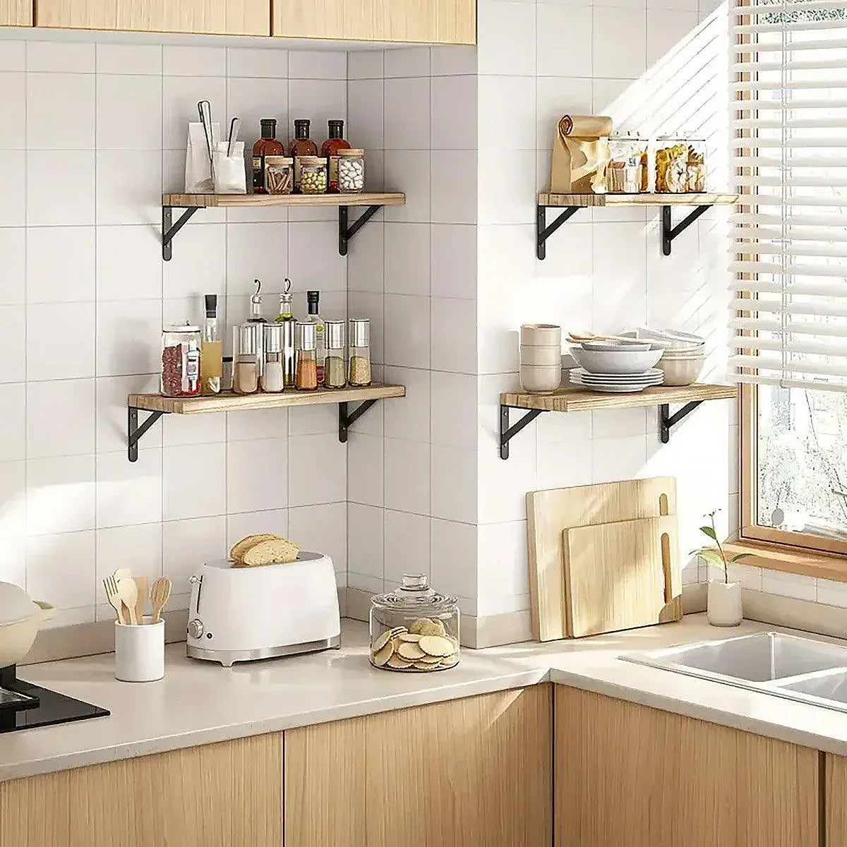 4 Wall-Mounted Wood Shelves with Black Metal Brackets