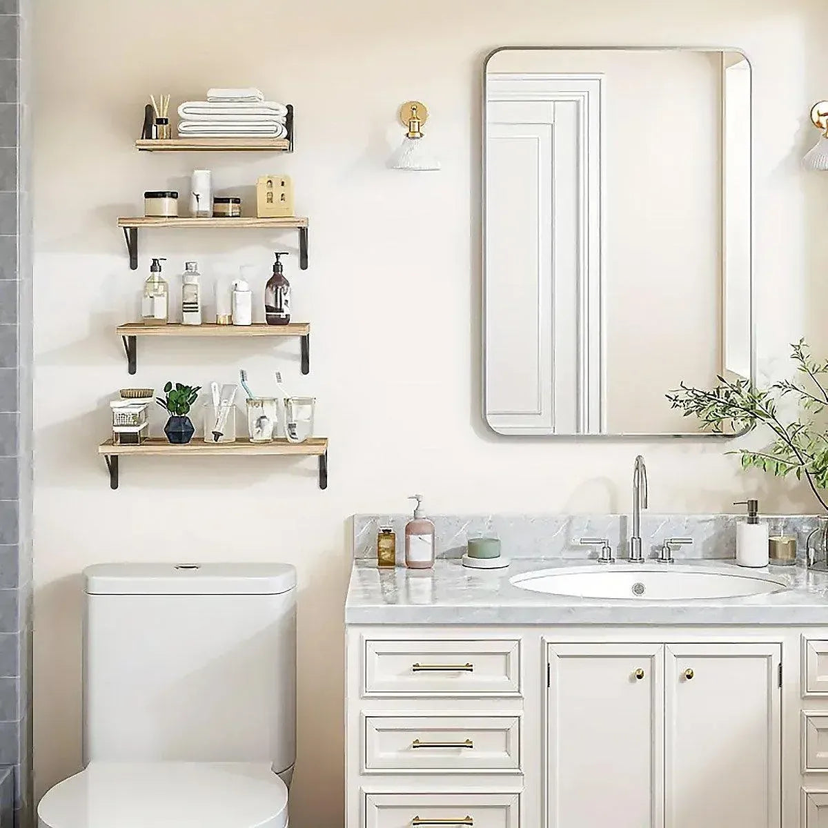 4 Wall-Mounted Wood Shelves with Black Metal Brackets