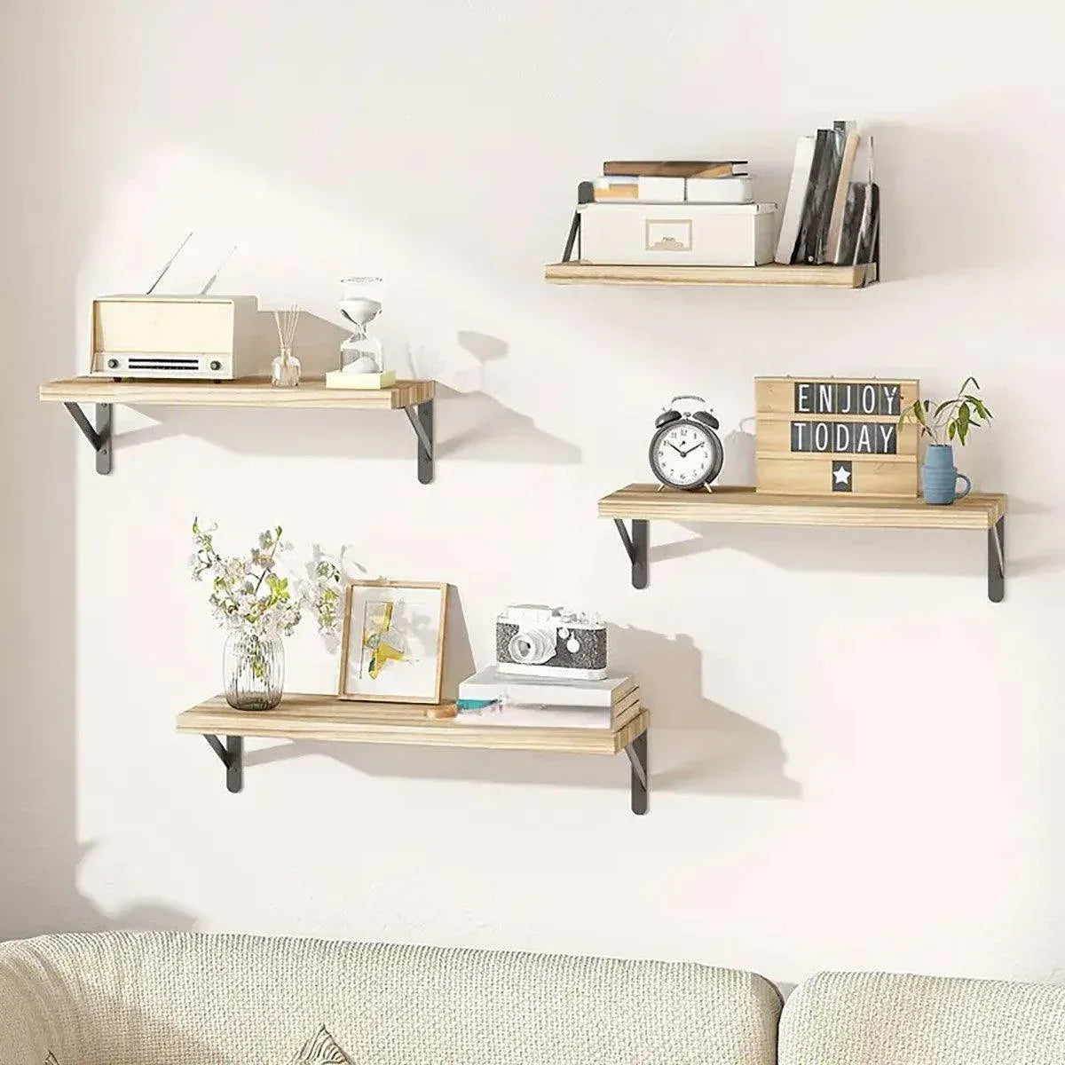 4 Wall-Mounted Wood Shelves with Black Metal Brackets