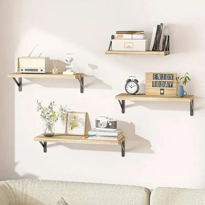 4 Wall-Mounted Wood Shelves with Black Metal Brackets