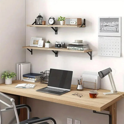 4 Wall-Mounted Wood Shelves with Black Metal Brackets