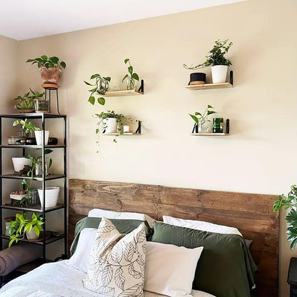 4 Wall-Mounted Wood Shelves with Black Metal Brackets
