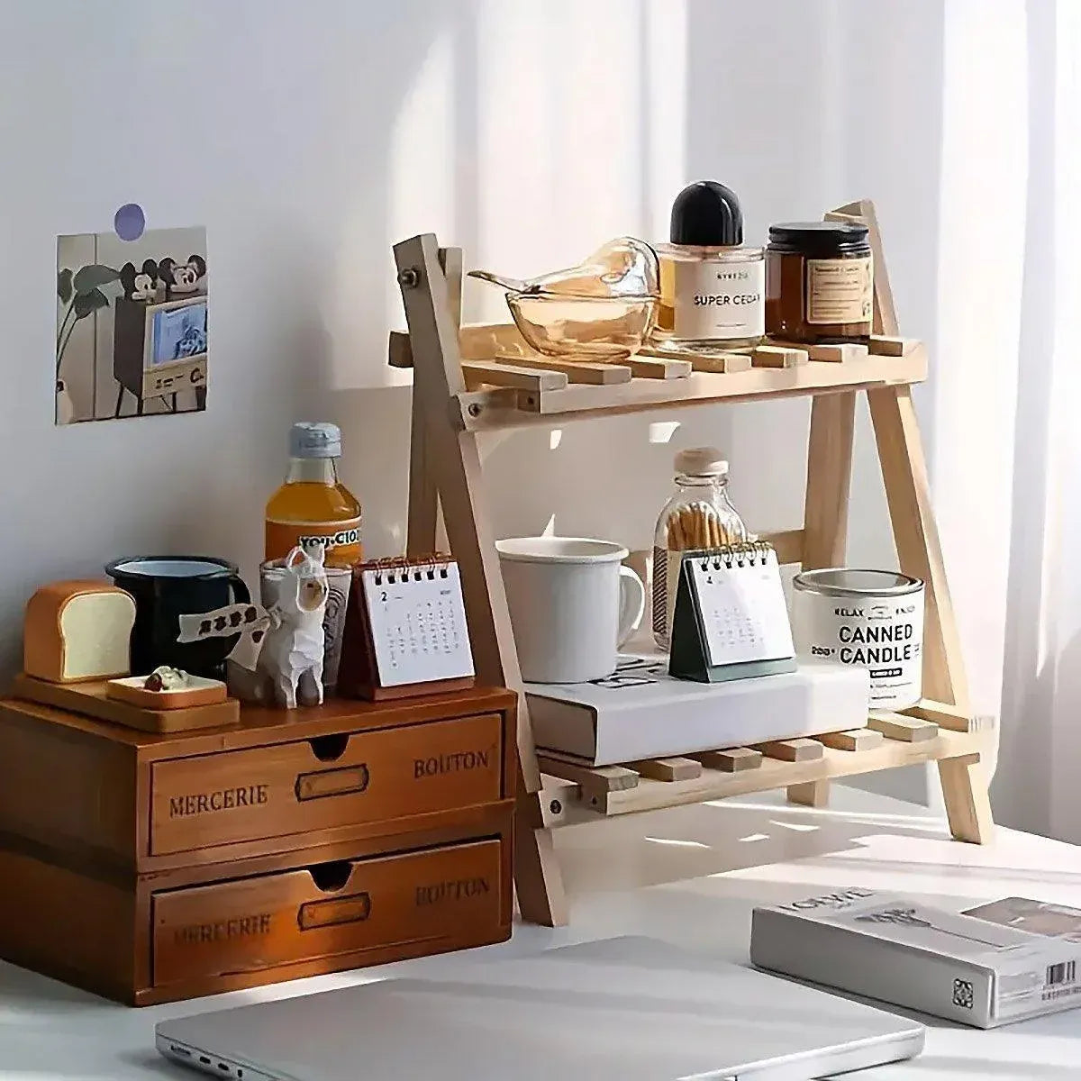 Natural Wood Two-Tier Desktop Shelf