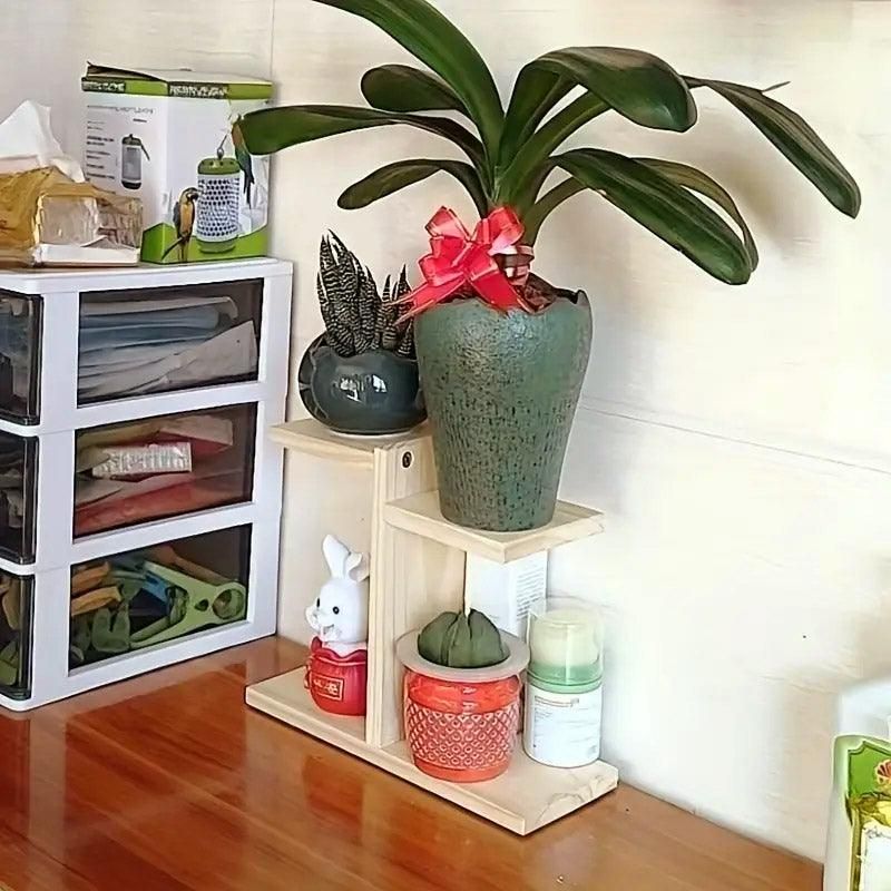 Wooden Desktop Storage Shelf Simple Decorative Flower Stand for Home Office - Brown