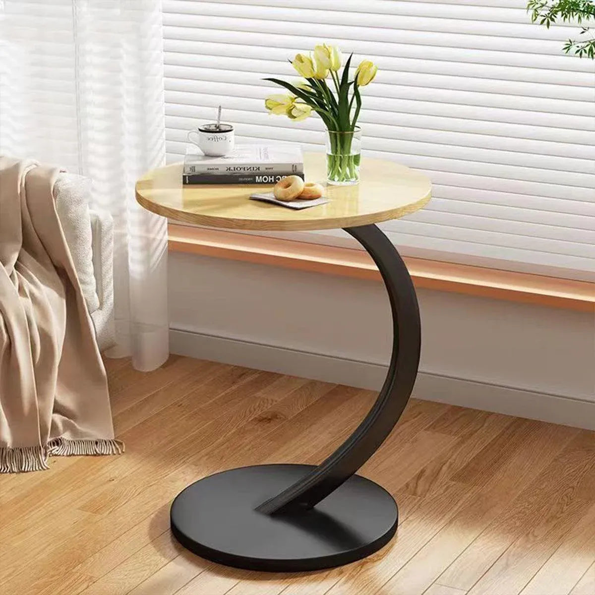 C Shaped Snack Side Table for Sofa Couch Small End Table for Living Room Bedroom - Black-Black