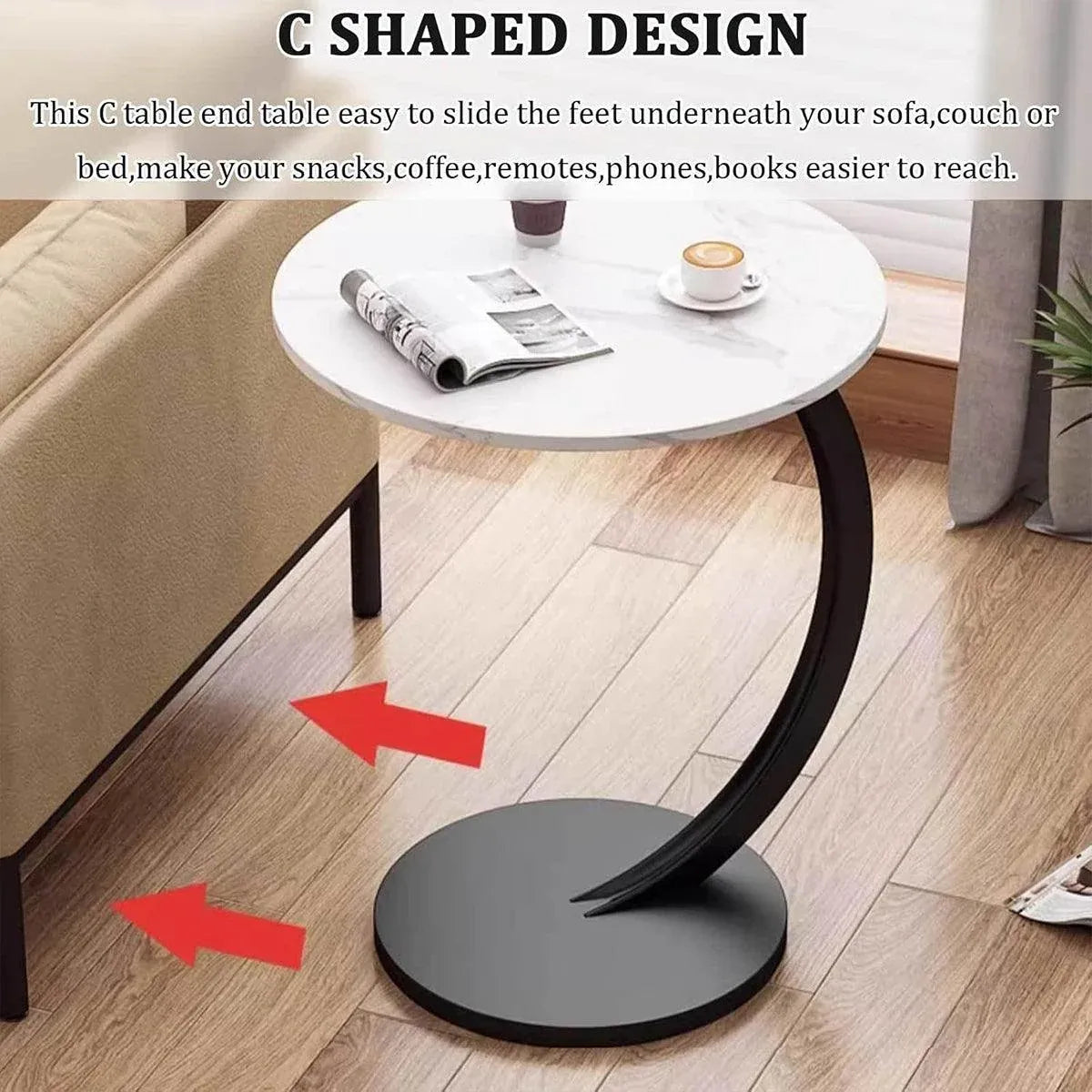 C Shaped Snack Side Table for Sofa Couch Small End Table for Living Room Bedroom - Brown-Black