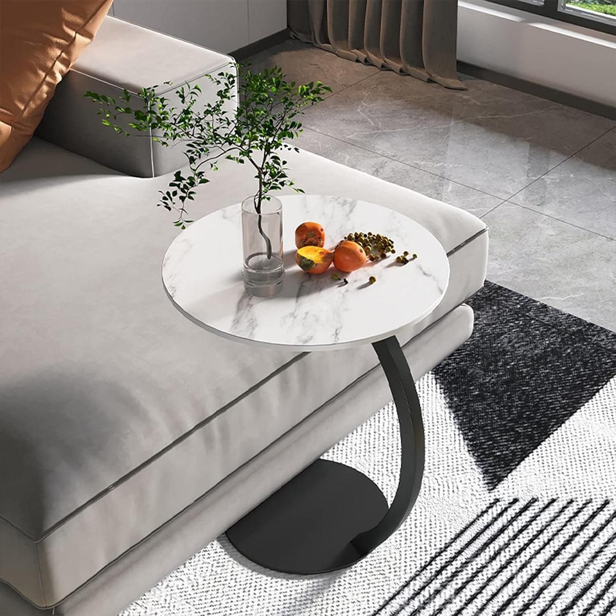 C Shaped Snack Side Table for Sofa Couch Small End Table for Living Room Bedroom - Brown-White