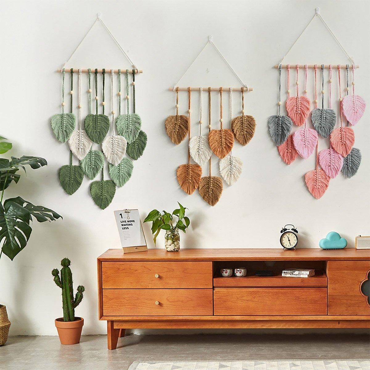 Handmade Braided Cotton Rope Leaves Wall Hanging Home Decoration Ornament - Brown