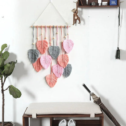 Handmade Braided Cotton Rope Leaves Wall Hanging Home Decoration Ornament - Khaki