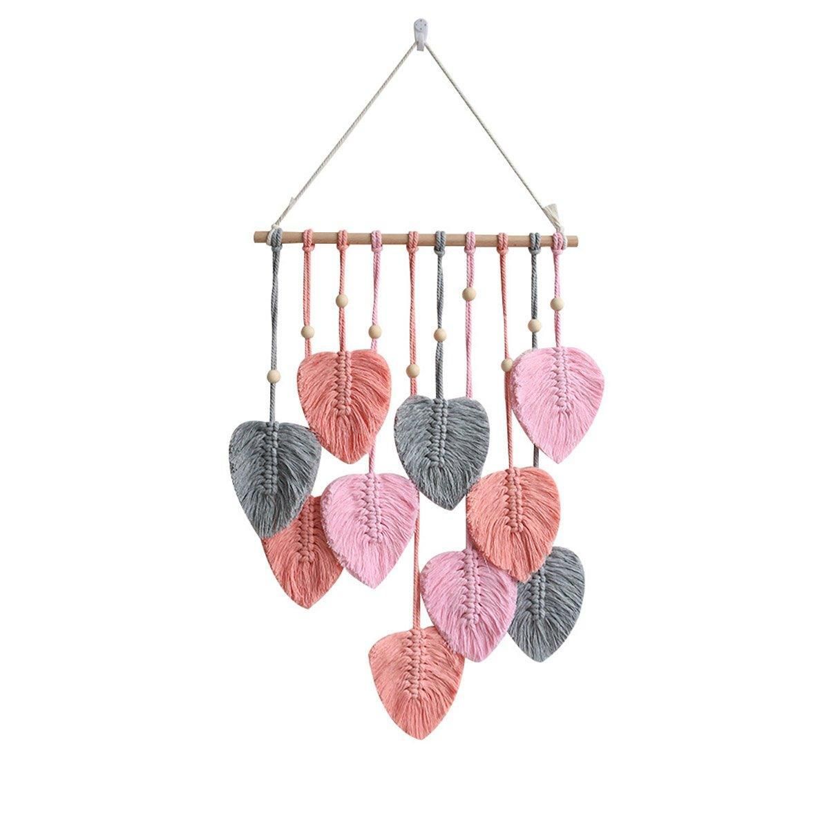 Handmade Braided Cotton Rope Leaves Wall Hanging Home Decoration Ornament - Pink