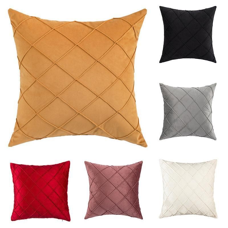 Velvet Cushion Cover Pleated Checked Plaid Plush Decorative Lounge Cushion Cover - Pink
