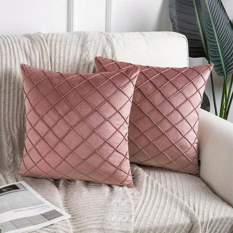 Velvet Cushion Cover Pleated Checked Plaid Plush Decorative Lounge Cushion Cover - Pink