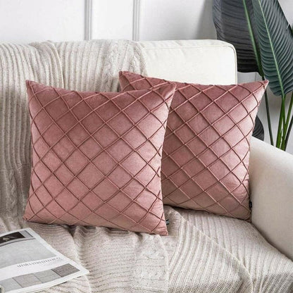Velvet Cushion Cover Pleated Checked Plaid Plush Decorative Lounge Cushion Cover - Pink