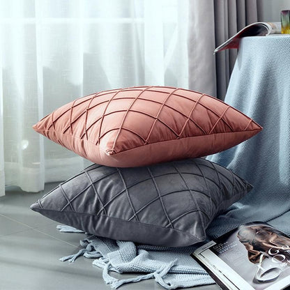 Velvet Cushion Cover Pleated Checked Plaid Plush Decorative Lounge Cushion Cover - Pink