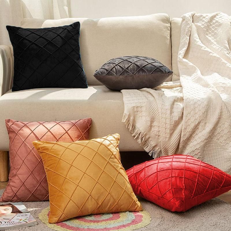 Velvet Cushion Cover Pleated Checked Plaid Plush Decorative Lounge Cushion Cover - Pink