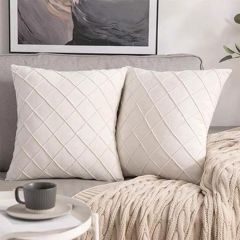 Velvet Cushion Cover Pleated Checked Plaid Plush Decorative Lounge Cushion Cover - White
