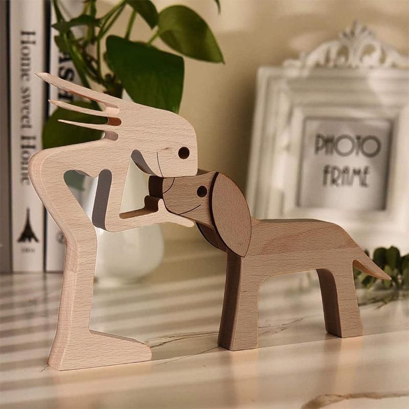 Handmade Wooden Statue Sitting Family and Dog Craft Home Decor - B05