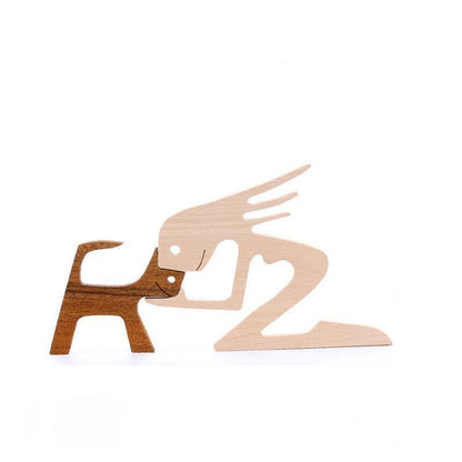 Handmade Wooden Statue Sitting Family and Dog Craft Home Decor - B04
