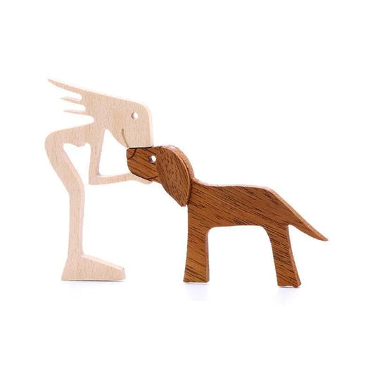 Handmade Wooden Statue Sitting Family and Dog Craft Home Decor - B02