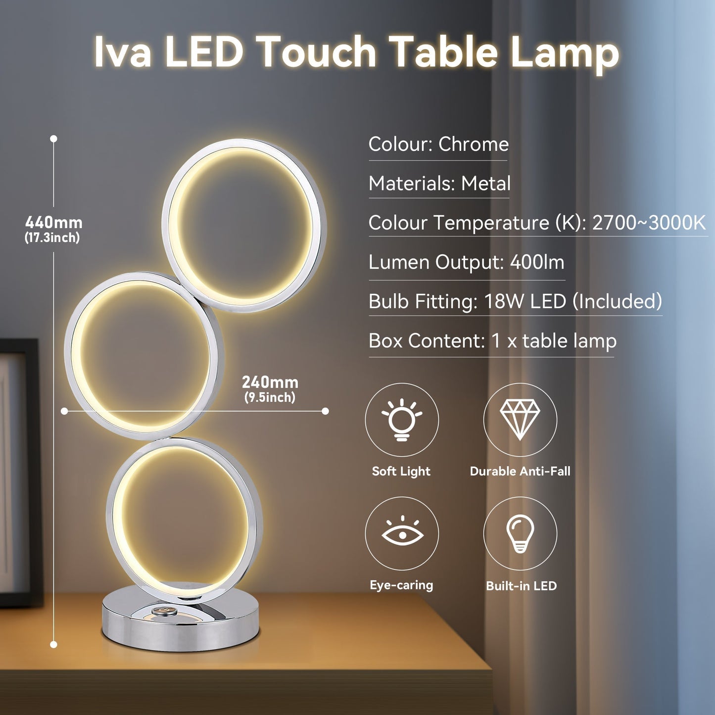 Iva LED Touch Table Lamp - Rose Gold/Chrome